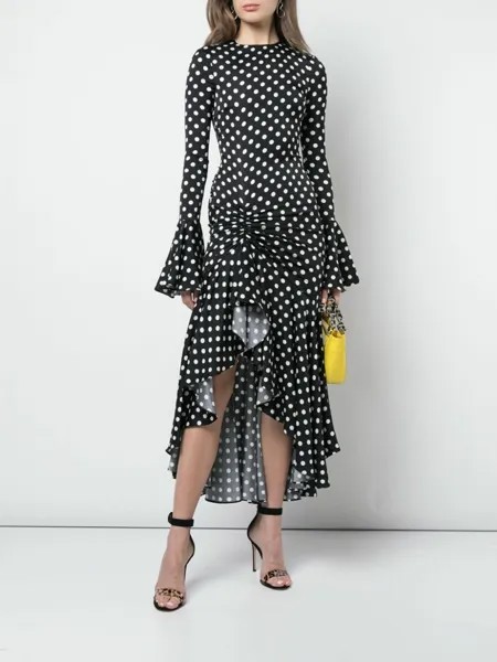 CAROLINE CONSTAS Черно-белое шелковое платье в горошек MONIQUE с рукавами-колокольчиками и рюшами XS
