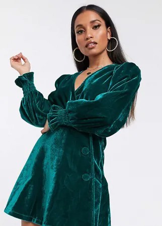 Бархатное платье мини с запахом и пуговицами ASOS DESIGN Petite-Зеленый