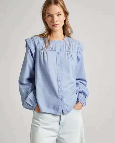 Женская блузка с плиссированной кокеткой и застежкой на пуговицы спереди Pepe Jeans, светло-синий