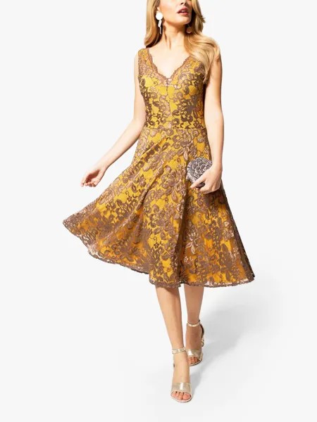 Платье HotSquash из кружева с v-образным вырезом и цветочным принтом, горчичный