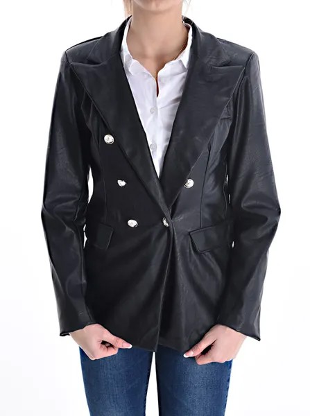 Двубортный пиджак из искусственной кожи на подкладке, черный