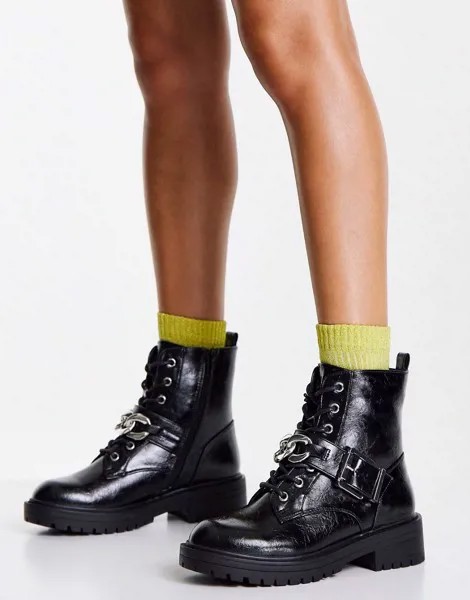 Черные ботинки на плоской подошве со шнуровкой и декоративной цепочкой New Look-Черный цвет