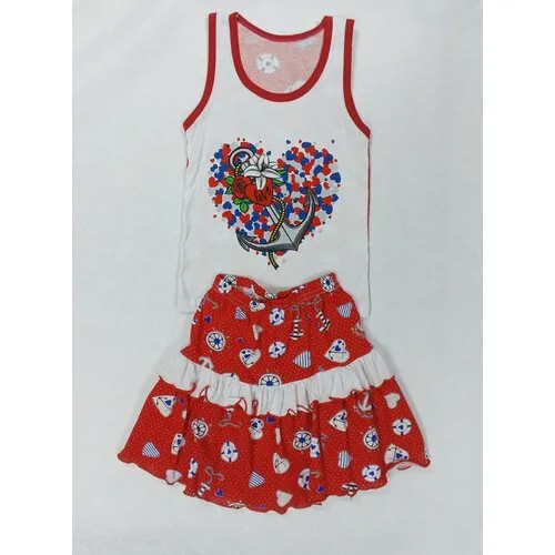 Комплект летний для девочки футболка и юбка, цвет: белый/красный принт сердечко, хлопок 100% кулирка, размер 98-104 (56)