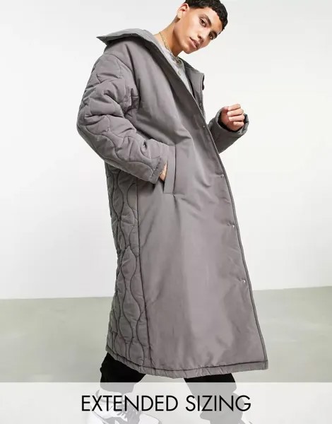 Серая объемная куртка-пуховик с воротником стойкой и стеганой вставкой ASOS