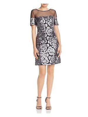 TADASHI SHOJI Женское серое короткое вечернее платье-футляр с короткими рукавами и круглым вырезом 6