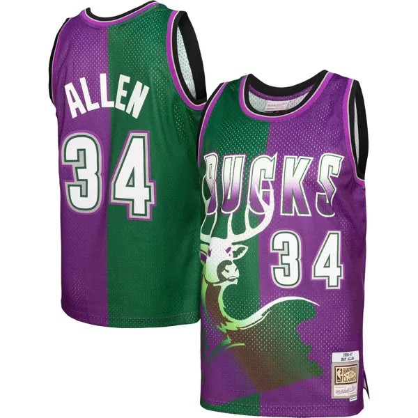 Мужская майка Mitchell & Ness Ray Allen зелено-фиолетовая Milwaukee Bucks Hardwood Classics 1996-97 Split Swingman Джерси