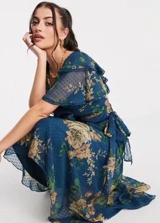Шифоновое платье миди из шифона добби с цветочным принтом, оборками и завязкой на талии ASOS DESIGN-Многоцветный