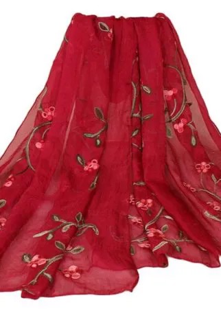 Тонкий шарф с вышивкой цветов омелы (бордовый)