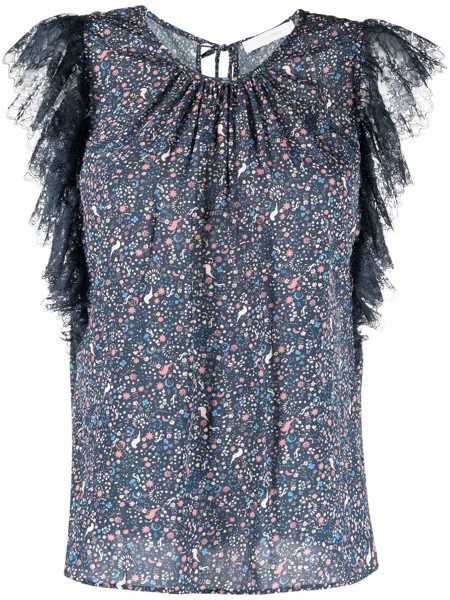 See by Chloé ditsy-print ruffle lace sleeve blouse