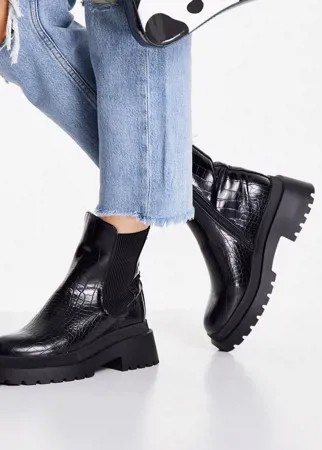Черные ботинки-челси из искусственной кожи под крокодила на плоской толстой подошве New Look-Черный цвет