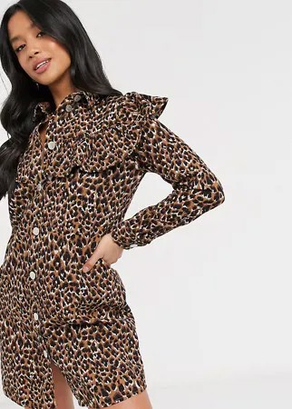Джинсовое платье-рубашка с оборками на груди и леопардовым принтом Noisy May Petite-Многоцветный