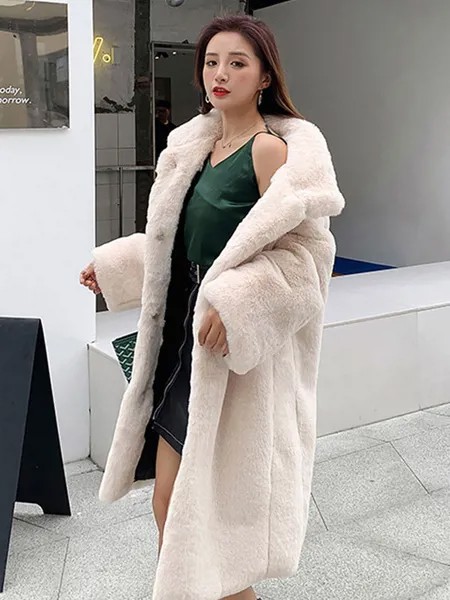Milanoo Faux Fur Coats Apricot Long Sleeves Jewel Neck Women Long Coat