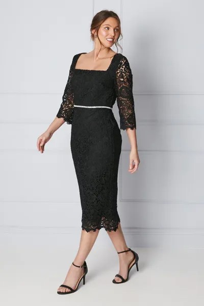 Платье миди премиум-класса с кружевной отделкой на талии Wallis, черный