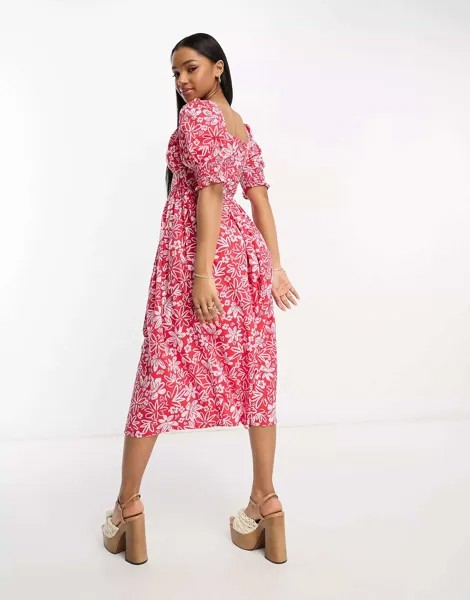 Платье миди на пуговицах спереди Influence с розовым цветочным принтом