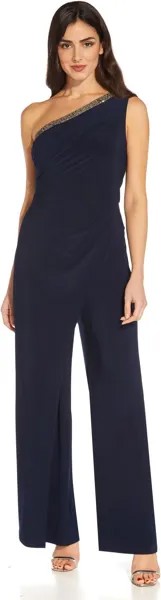 Комбинезон Adrianna Papell One Shoulder Stretch Jersey Jumpsuit with Beaded Trim, цвет Midnight
