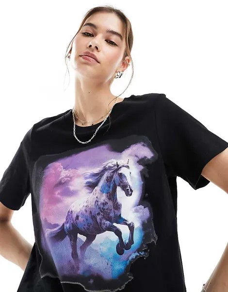 Черная футболка Monki – с принтом дикой лошади спереди