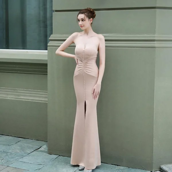 Женское вечернее платье с юбкой-годе, длинное платье абрикосового цвета с открытой спиной и разрезом спереди, плиссированное платье для сва...