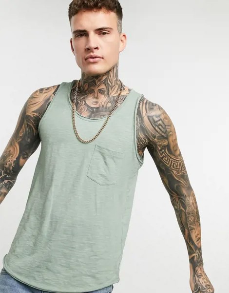 Длинная майка цвета хаки с карманом Jack & Jones Originals-Зеленый
