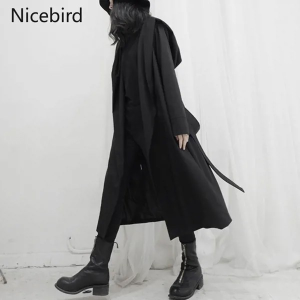 Nicebird Тренч с капюшоном женский готический панк кардиган на шнуровке длинная ветровка осень корейский темно-черный стиль плащ макси пальто