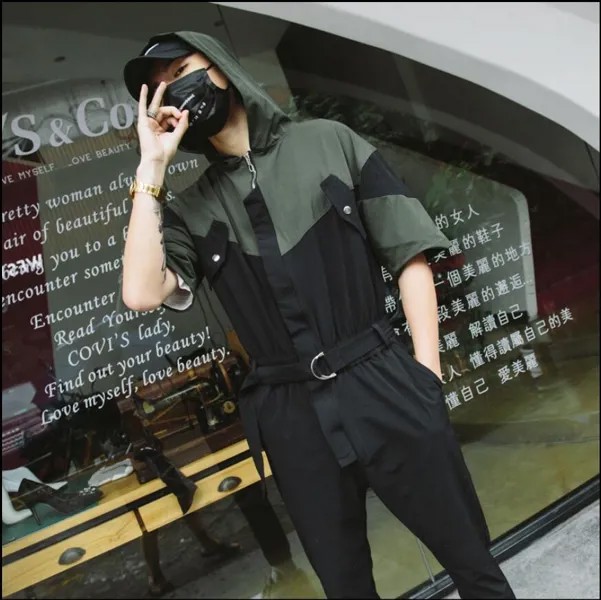 Комбинезон мужской с коротким рукавом и капюшоном, тонкий пиджак в стиле хип-хоп, японский тренд, верхняя одежда, весна-лето