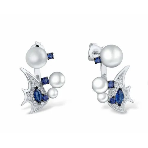 Серьги двусторонние VALTERA, серебро, 925 проба, жемчуг культивированный, фианит, серебряный