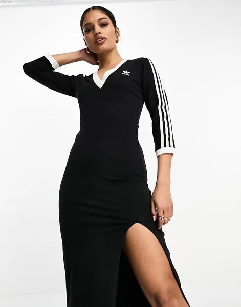 Adidas Originals – Черное платье макси с V-образным вырезом и тремя полосками
