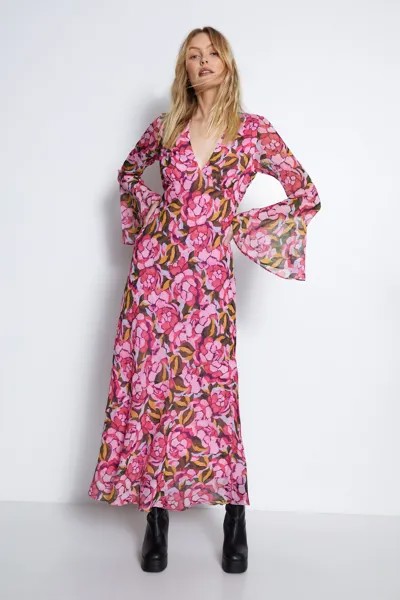 Платье макси с V-образным вырезом и рифлеными рукавами с цветочным принтом Warehouse, розовый