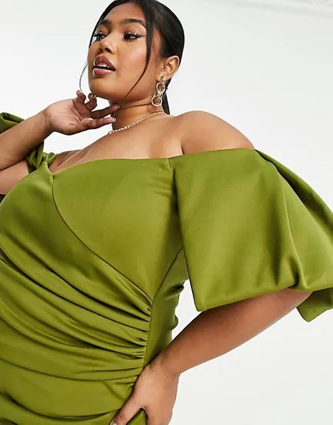 Оливковое платье миди с открытыми плечами и открытыми плечами ASOS DESIGN Curve