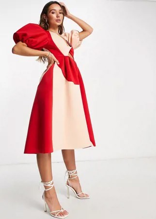 Контрастное платье миди для выпускного с глубоким вырезом, перекрученной отделкой и пышными рукавами ASOS DESIGN-Разноцветный