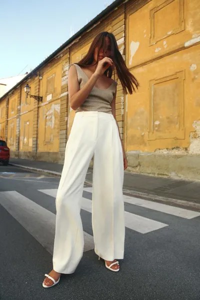 Брюки широкие с вышивками ZARA, экрю