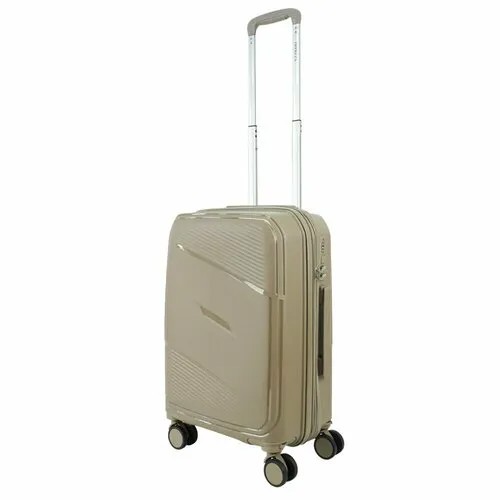 Умный чемодан Impreza, полипропилен, износостойкий, увеличение объема, опорные ножки на боковой стенке, ребра жесткости, рифленая поверхность, 63 л, размер S+, серый, бежевый