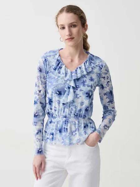 Футболка из сетки с цветочным принтом и воланом Ovs, цвет white/blue