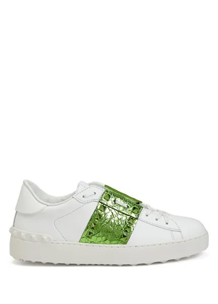 Rockstud untitled бело-зеленые женские кожаные кроссовки Valentino Garavani