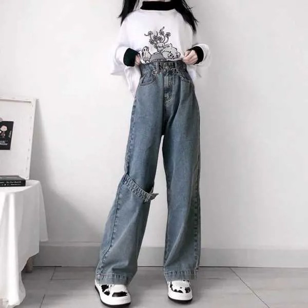 Весенние Новые корейские тонкие высокие свободные джинсы с широкими штанинами женские джинсовые брюки с высокой талией студенческие униве...