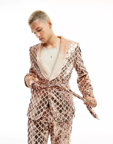 Пиджак Asos Design Skinny Suit In Sequin Diamond Velvet, светло-золотой