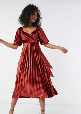 Плиссированное бархатное платье миди рыжего цвета с запахом и пышными рукавами ASOS DESIGN Tall-Коричневый цвет