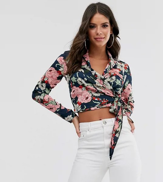 Рубашка с глубоким вырезом, завязкой сбоку и цветочным принтом Missguided Tall-Темно-синий