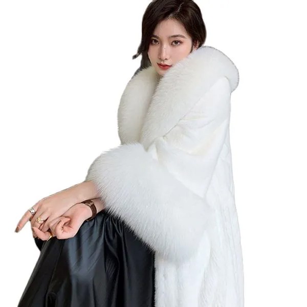 2022 Новая женская меховая накидка XS до 6XL из флиса с большим лисьим воротником длинное белое пальто свободная элегантная одежда OL пальто