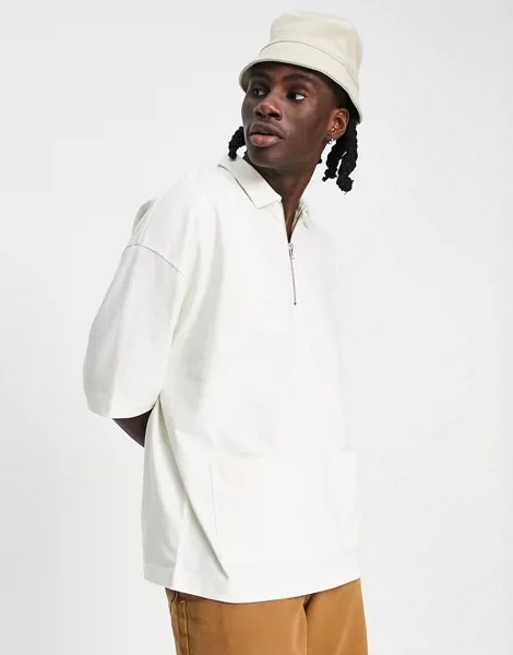 Кремовая футболка-поло в стиле oversized с молнией и карманами ASOS DESIGN-Белый