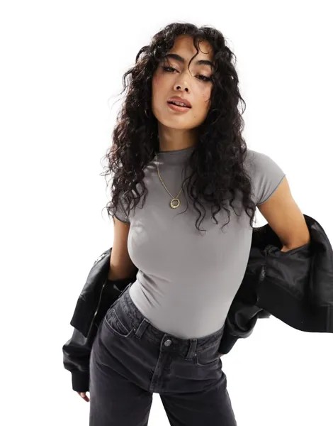 Темно-серое бесшовное боди-футболка с необработанными краями ASOS DESIGN