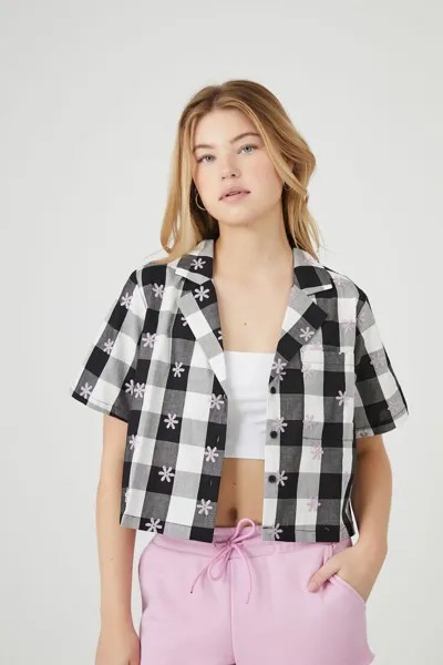 Рубашка в клетку с цветочной вышивкой Forever 21, белый