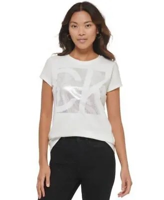 Женская футболка с коротким рукавом и металлизированным логотипом Calvin Klein, мягкий белый цвет, большой размер
