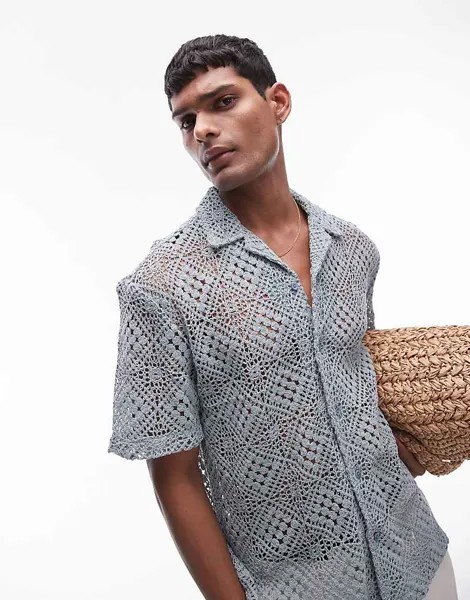 Синяя рубашка с короткими рукавами Topman – с сетчатой ​​структурой, связанной крючком