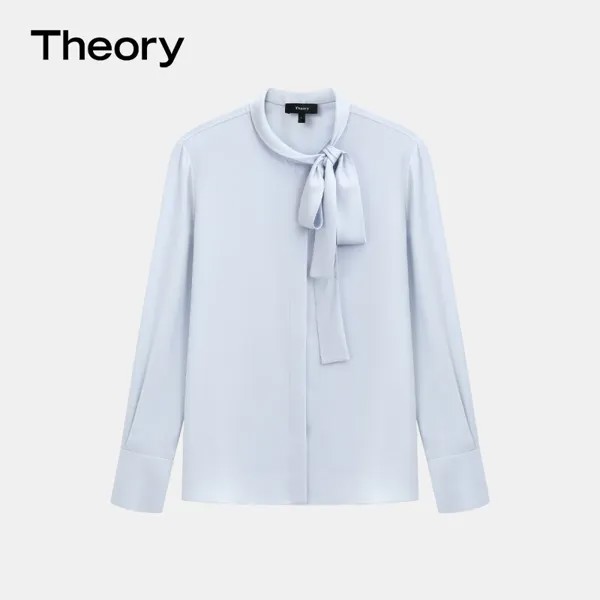 Женская рубашка из шелкового малбери с длинными рукавами и шнуровкой Theory 2024 весна-лето, Ледяная вода синего цвета G7U