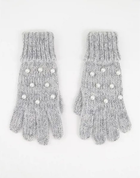 Вязаные перчатки серебристого цвета с отделкой искусственным жемчугом Boardmans-Серебряный