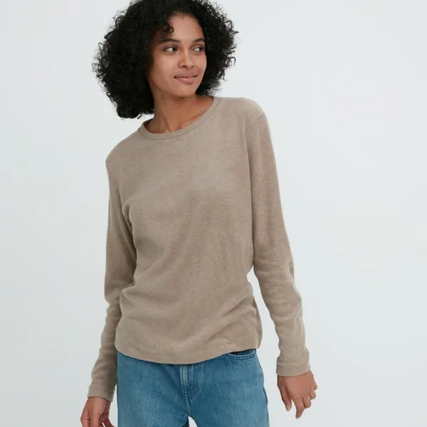 Женский пуловер Uniqlo HEATTECH с круглым вырезом, темно-бежевый