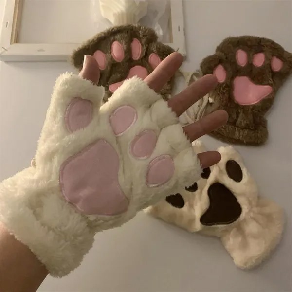 Kawaii Женщины Кошки Перчатки Мода Девушки Кошка Коготь Лапа Плюшевые Варежки Теплые Мягкие Плюшевые Короткие Без Пальцев Половина Пальца Зимние Перчатки