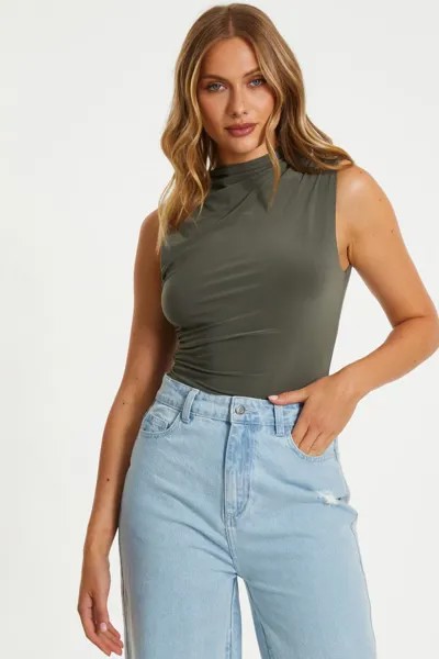 Боди цвета хаки со сборками без рукавов QUIZ Clothing