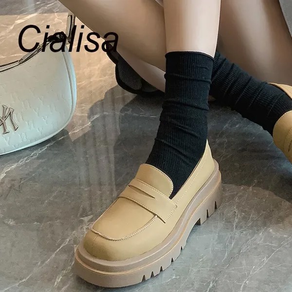 Лоферы Cialisa женские на платформе, повседневные туфли на массивном каблуке, без застежки, круглый носок, абрикосового и черного цвета, осень 2022