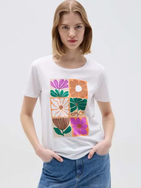 Футболка из хлопкового тона con Stampa a Fiori Ovs, цвет optical white